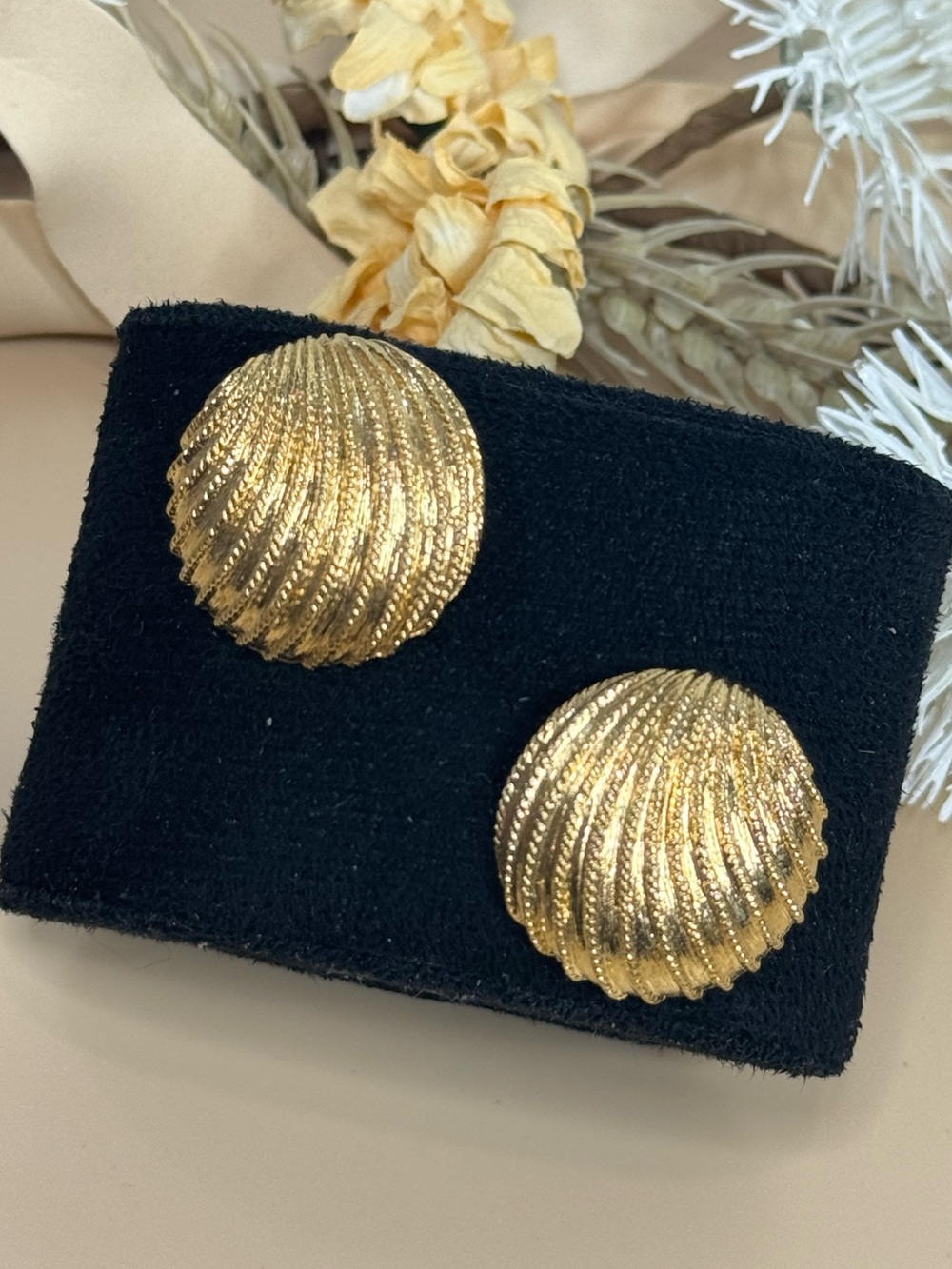 Vintage Napier Gold Tone Textured Shell Dome Pierced Stud Earrings